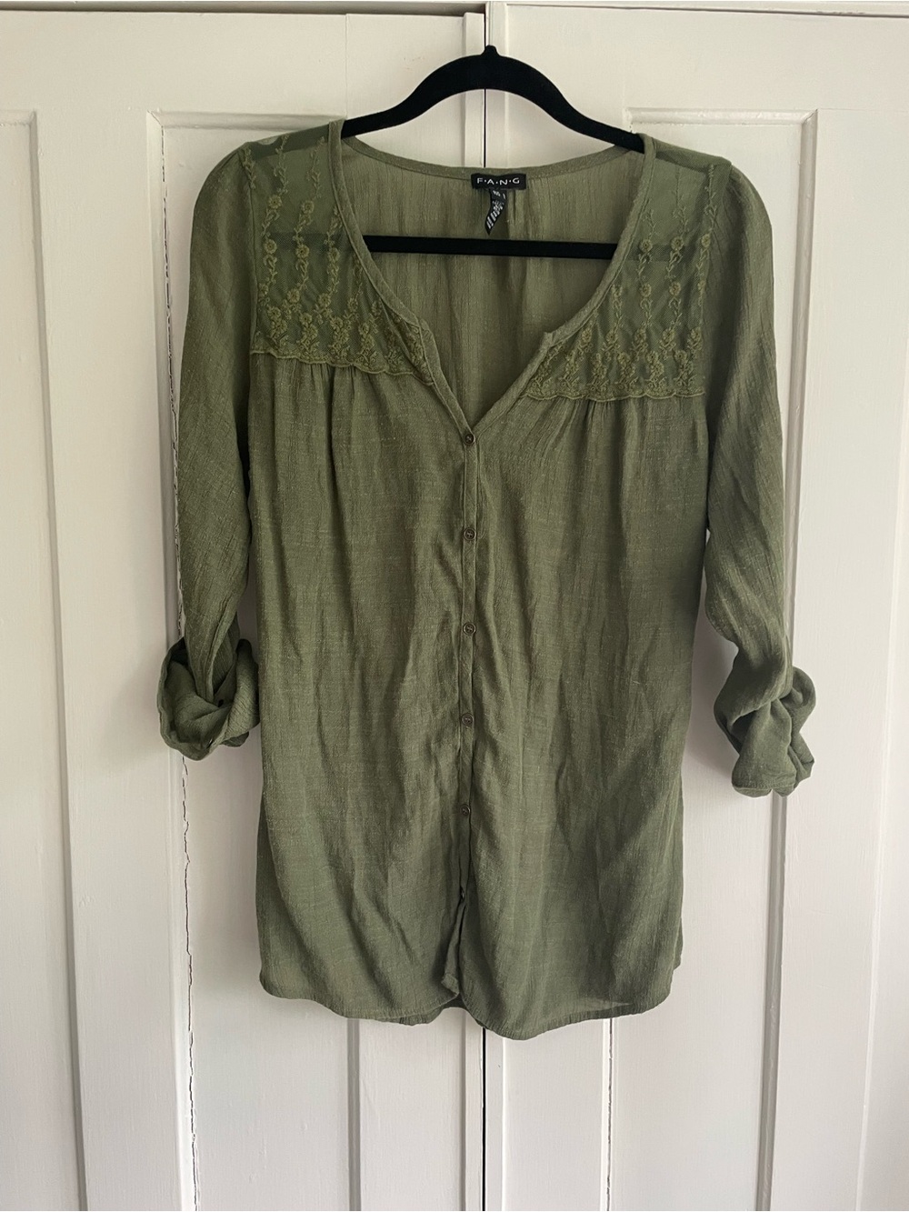 FANG Olive Green Button-Front Women's Blouse Lace Longline Y2K Juniors LARGE
